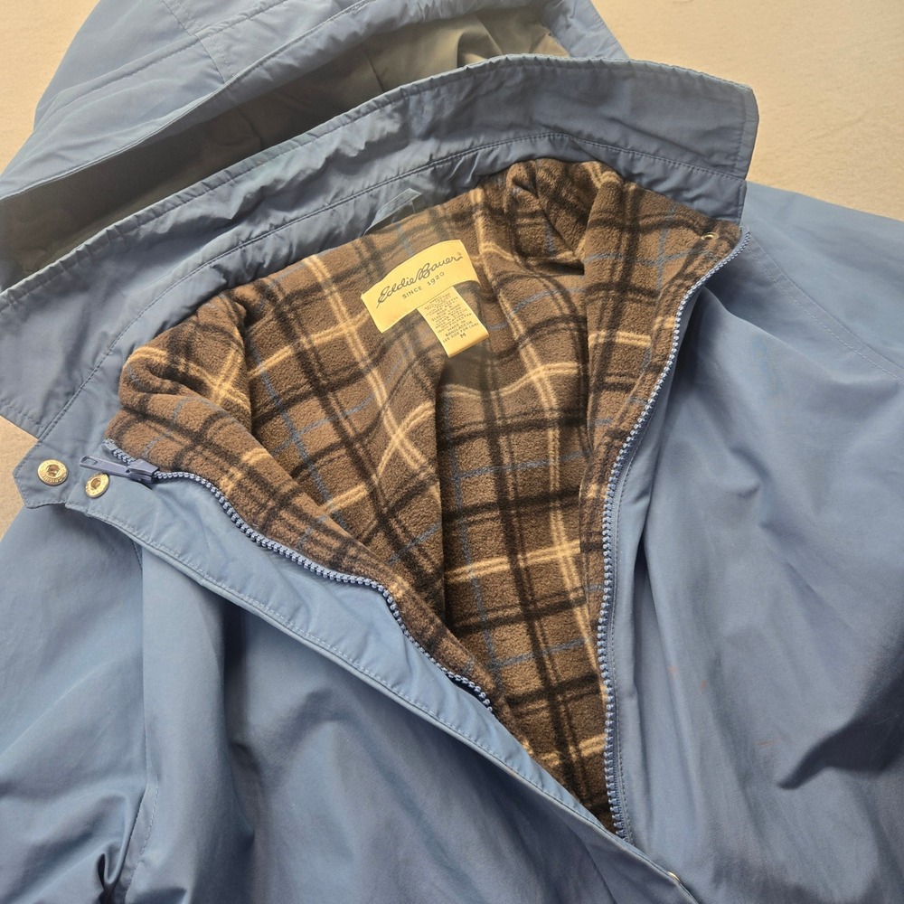 VTG! Eddie Bauer Blue Nylon-Plaid Fleece Lined Winter Shell Chore Jacket-Mens M
